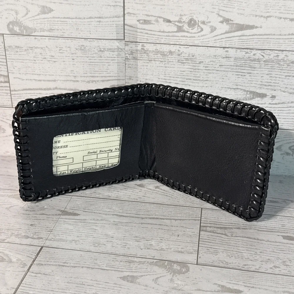 VTG Bifold Leather Wallet Hand Tooled Whipstitch USA Made VFW Veteran Military